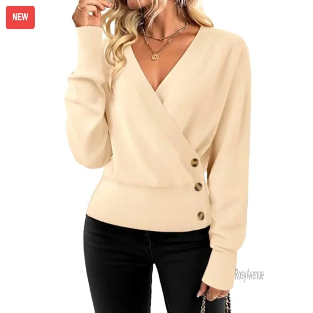 Soft V-Neck Pullover Sweater, Raglan Sleeves, Business Casual Knit Top - Picture 3 of 7